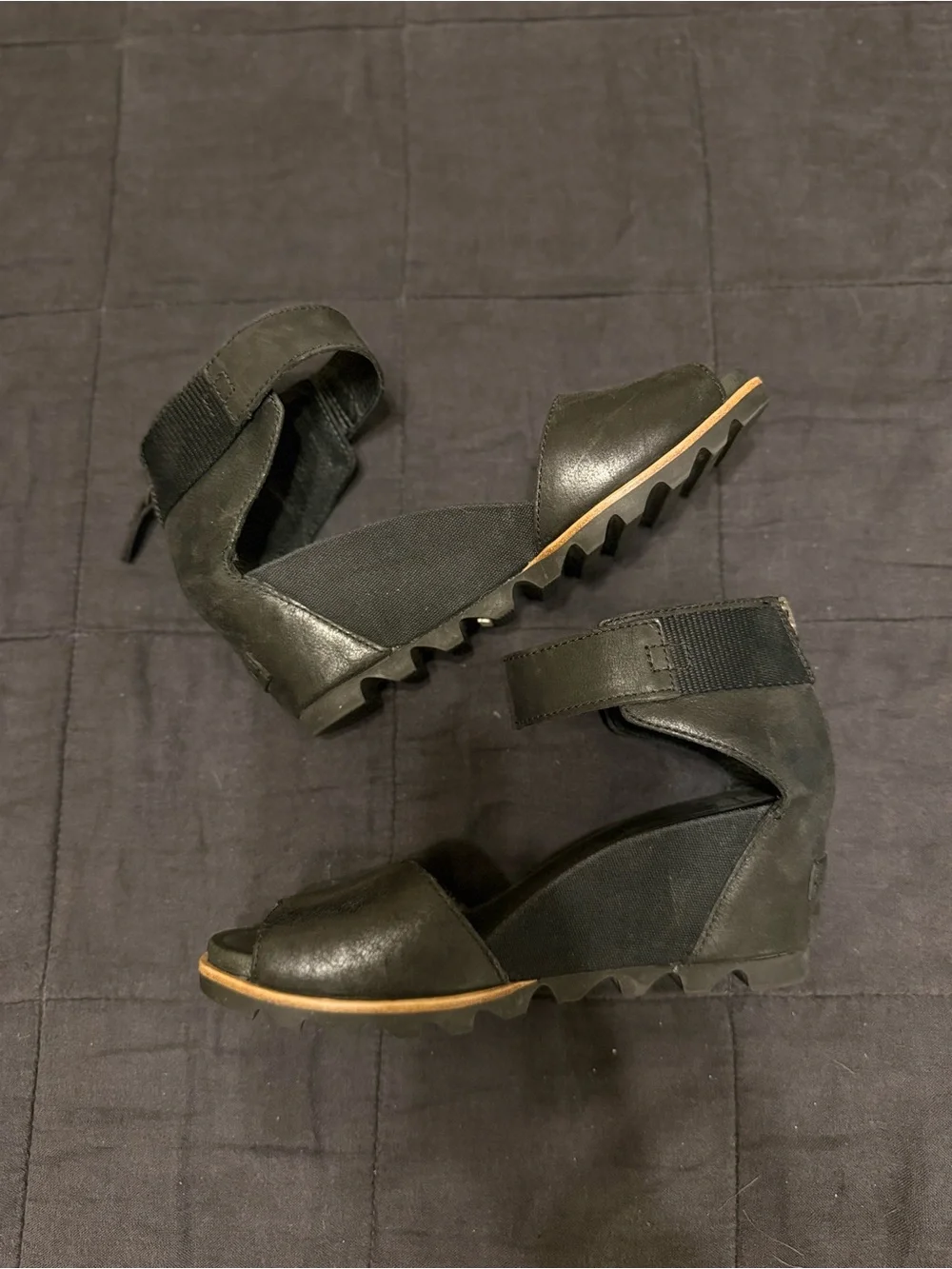 Sorel Joanie II Black Wedge Sandals with Ankle Strap